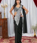 black color thread sequence embroidered work ready to wear saree with stitch blouse