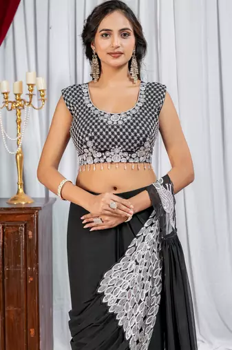 black color thread sequence embroidered work ready to wear saree with stitch blouse