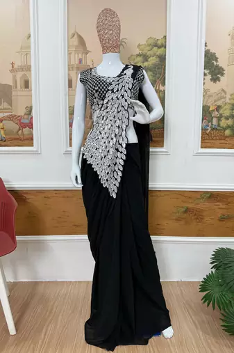 black color thread sequence embroidered work ready to wear saree with stitch blouse