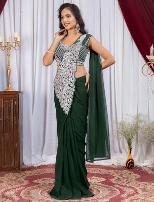 green embroidery work with real mirror & pearls hand work 2 styles drape faux georgette saree with stitched blouse 1
