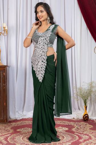 green color embroidery work with real mirror & pearls hand work 2 styles drape faux georgette saree with stitched blouse