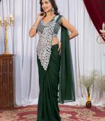 green color embroidery work with real mirror & pearls hand work 2 styles drape faux georgette saree with stitched blouse
