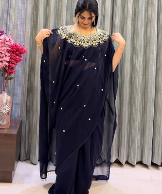 navy blue embroidery work real mirror & pearls work 2 styles drape faux georgette saree with stitched blouse 2
