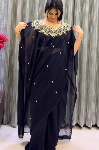 navy blue embroidery work real mirror & pearls work 2 styles drape faux georgette saree with stitched blouse