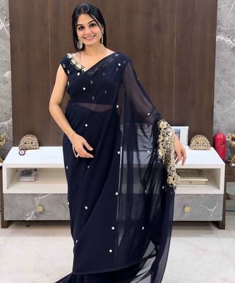 navy blue embroidery work real mirror & pearls work 2 styles drape faux georgette saree with stitched blouse 3