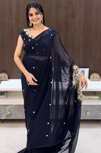 navy blue embroidery work real mirror & pearls work 2 styles drape faux georgette saree with stitched blouse