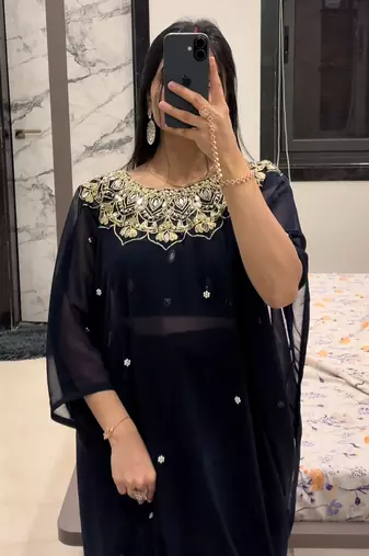 navy blue embroidery work real mirror & pearls work 2 styles drape faux georgette saree with stitched blouse