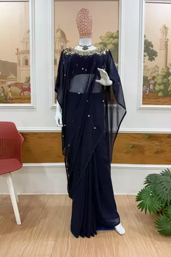 navy blue embroidery work real mirror & pearls work 2 styles drape faux georgette saree with stitched blouse
