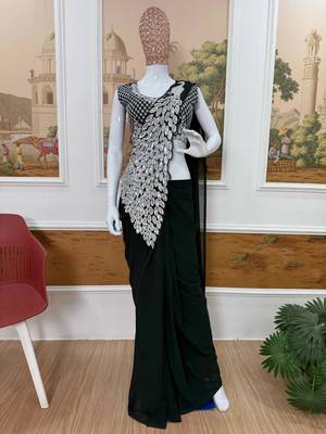 green embroidery work with real mirror & pearls hand work 2 styles drape faux georgette saree with stitched blouse 4