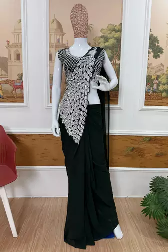 green color embroidery work with real mirror & pearls hand work 2 styles drape faux georgette saree with stitched blouse