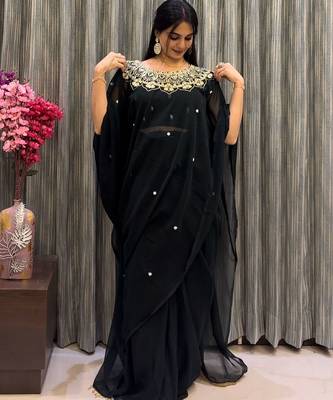green embroidery work with real mirror & pearls hand work 2 styles drape faux georgette saree with stitched blouse 2