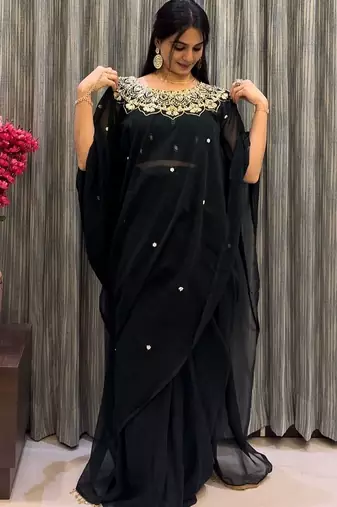 green embroidery work with real mirror & pearls hand work 2 styles drape faux georgette saree with stitched blouse