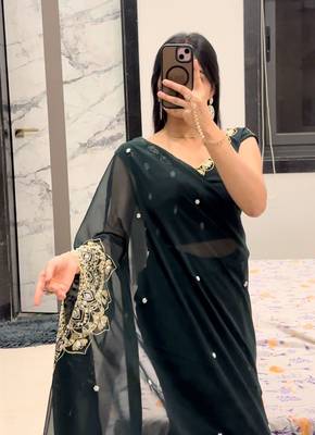 green embroidery work with real mirror & pearls hand work 2 styles drape faux georgette saree with stitched blouse 3