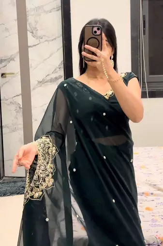 green embroidery work with real mirror & pearls hand work 2 styles drape faux georgette saree with stitched blouse