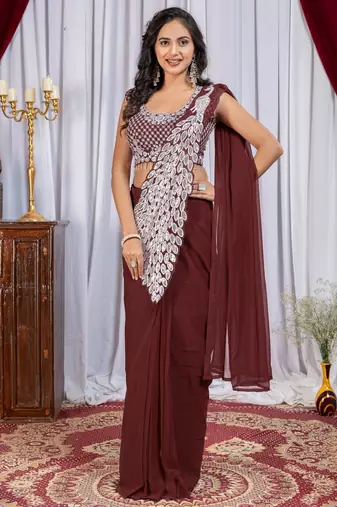 maroon color thread sequence embroidered work ready to wear saree with stitch blouse
