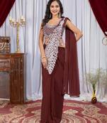 maroon color thread sequence embroidered work ready to wear saree with stitch blouse