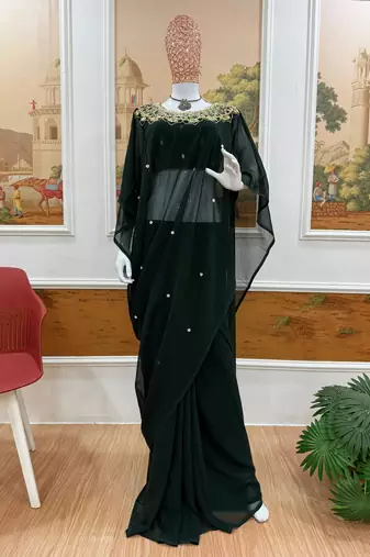 green embroidery work with real mirror & pearls hand work 2 styles drape faux georgette saree with stitched blouse