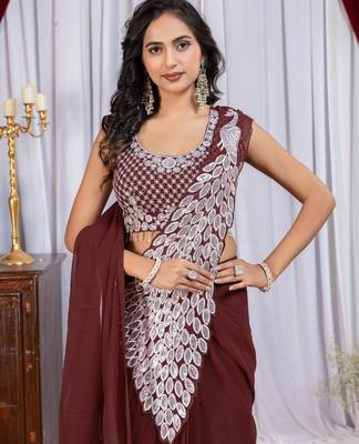 maroon thread sequence embroidered work pre draped saree with stitch blouse 2