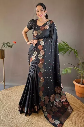 Black silk blend banarasi jaquard designer saree with blouse