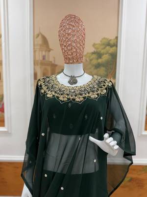 green embroidery work with real mirror & pearls hand work 2 styles drape faux georgette saree with stitched blouse 5