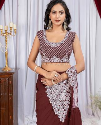 maroon thread sequence embroidered work pre draped saree with stitch blouse 3