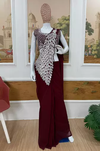 maroon thread sequence embroidered work pre draped saree with stitch blouse