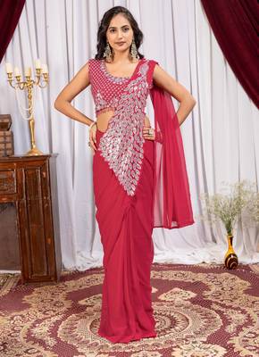 rani_pink thread sequence embroidered work ready made saree with stitch blouse 1