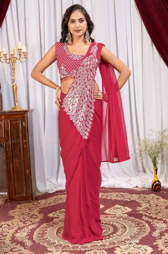 rani_pink color thread sequence embroidered work ready to wear saree with stitch blouse