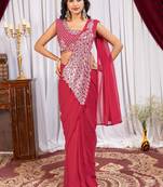 rani_pink color thread sequence embroidered work ready to wear saree with stitch blouse