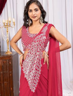 rani_pink thread sequence embroidered work ready made saree with stitch blouse 3