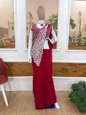 rani_pink thread sequence embroidered work ready made saree with stitch blouse 4