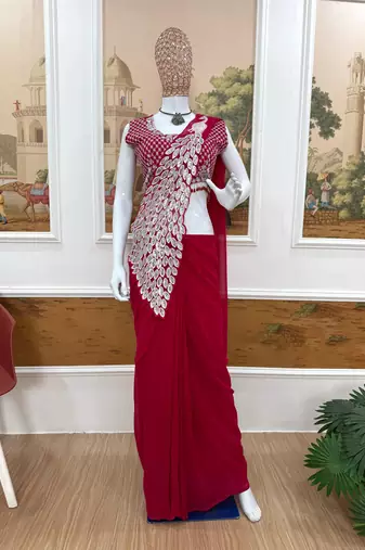 rani_pink thread sequence embroidered work ready made saree with stitch blouse