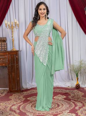 pista_green thread sequence embroidered work pre-stitched saree with stitch blouse 1