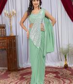 pista_green color thread sequence embroidered work ready to wear saree with stitch blouse