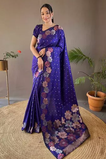 Blue soft silk blend banarasi jacuard work designer saree with blouse