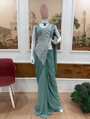 pista_green thread sequence embroidered work pre-stitched saree with stitch blouse 4