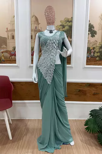 pista_green color thread sequence embroidered work ready to wear saree with stitch blouse