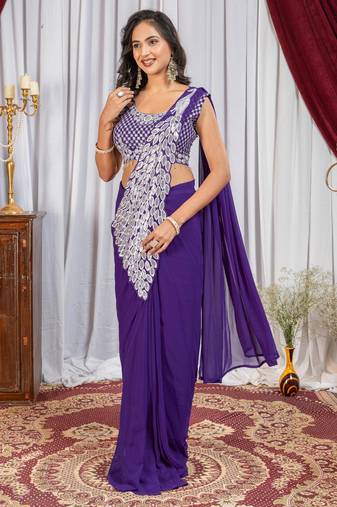 purple color thread sequence embroidered work ready to wear saree with stitch blouse