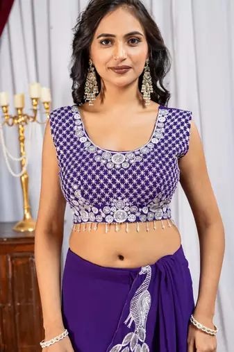 purple color thread sequence embroidered work ready to wear saree with stitch blouse