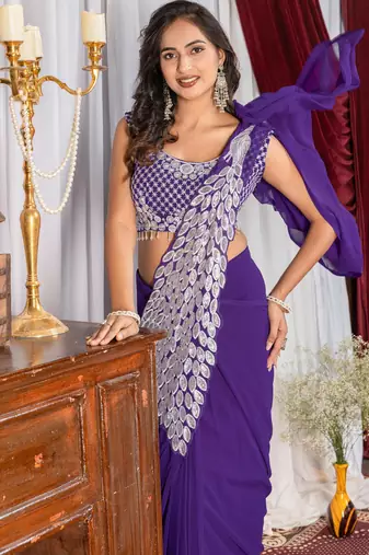 purple color thread sequence embroidered work ready to wear saree with stitch blouse