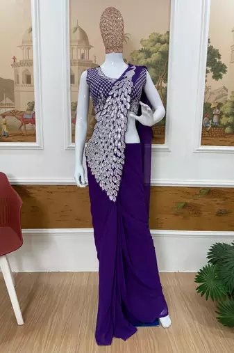 purple color thread sequence embroidered work ready to wear saree with stitch blouse