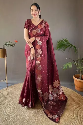 Maroon silk blend banarasi jaquard designer saree with blouse