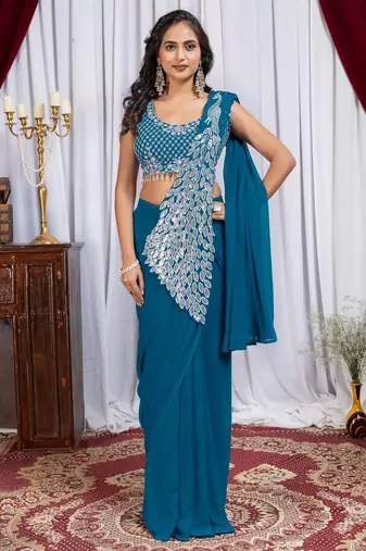 rama blue color thread sequence embroidered work ready to wear saree with stitch blouse