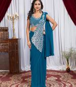 rama blue color thread sequence embroidered work ready to wear saree with stitch blouse