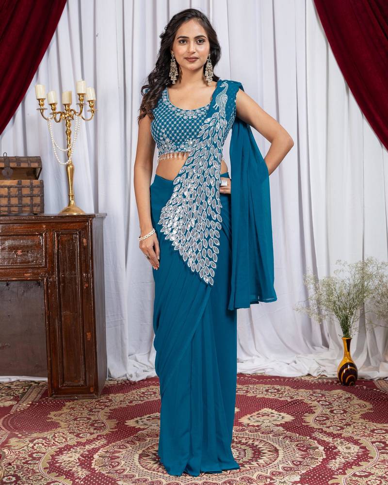 rama blue color thread sequence embroidered work ready to wear saree with stitch blouse