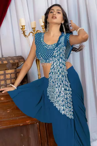 rama blue color thread sequence embroidered work ready to wear saree with stitch blouse