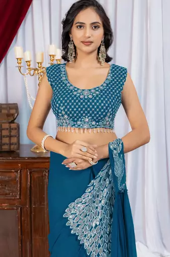 rama blue color thread sequence embroidered work ready to wear saree with stitch blouse