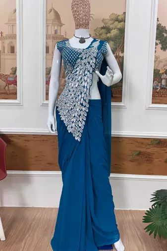 rama blue color thread sequence embroidered work ready to wear saree with stitch blouse