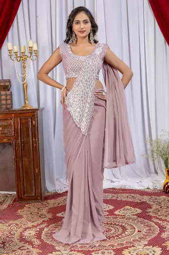 violet color thread sequence embroidered work ready to wear saree with stitch blouse