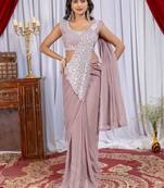 violet color thread sequence embroidered work ready to wear saree with stitch blouse